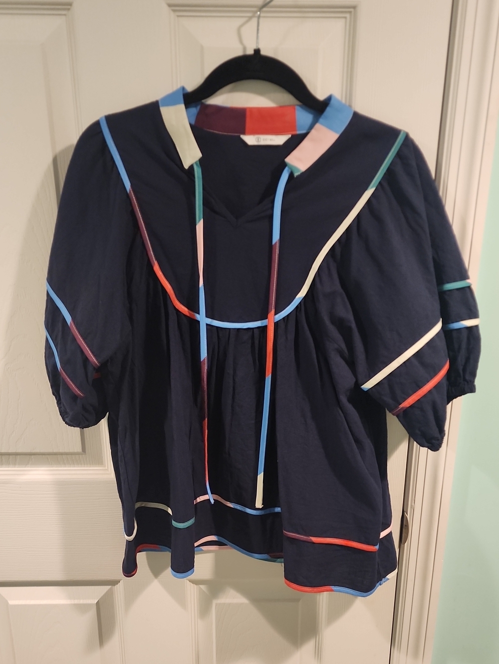 Women’s Navy Peasant Top with Multicolor Trim